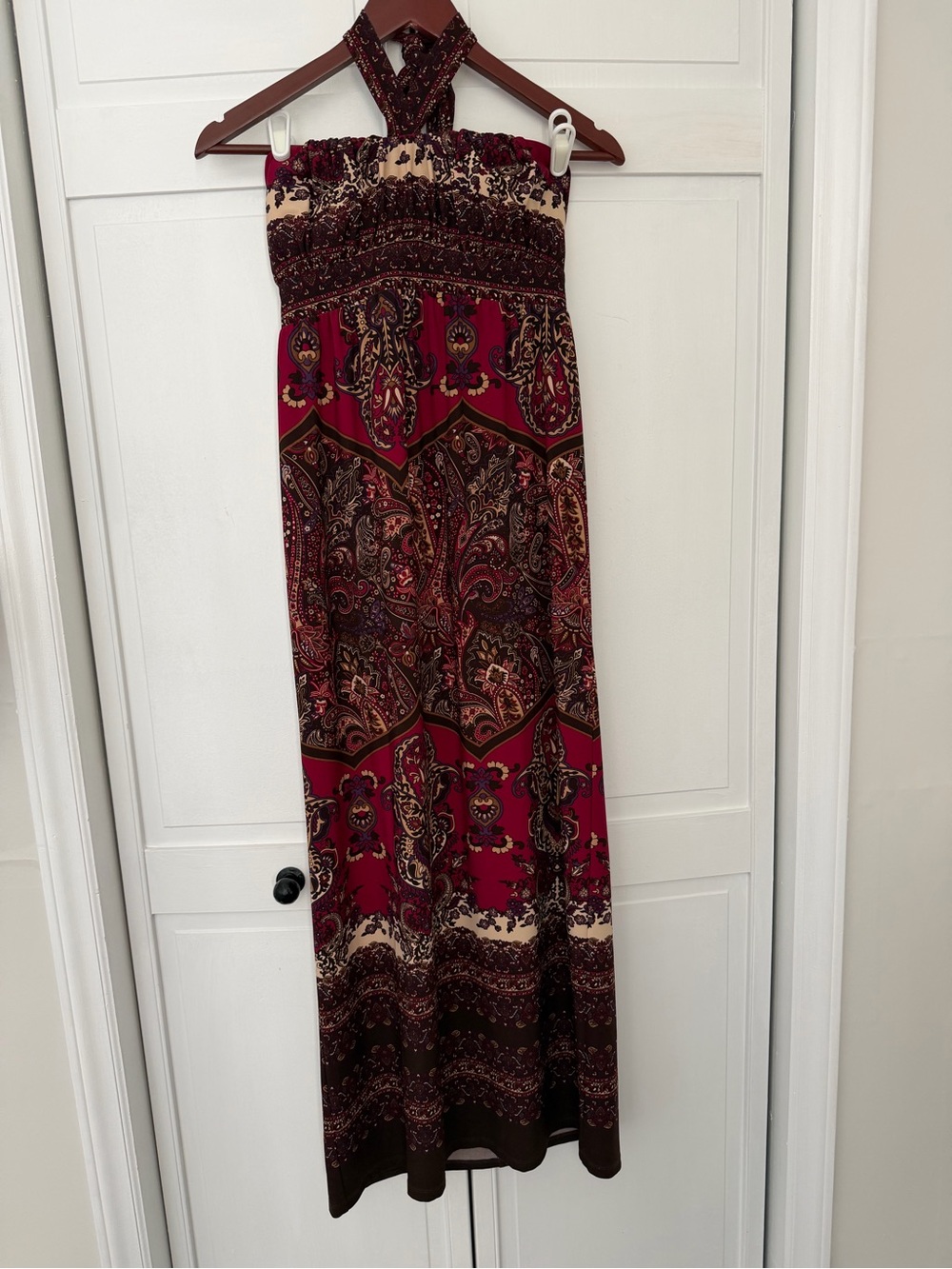 Snap Burgundy Paisley Halter Maxi Dress
